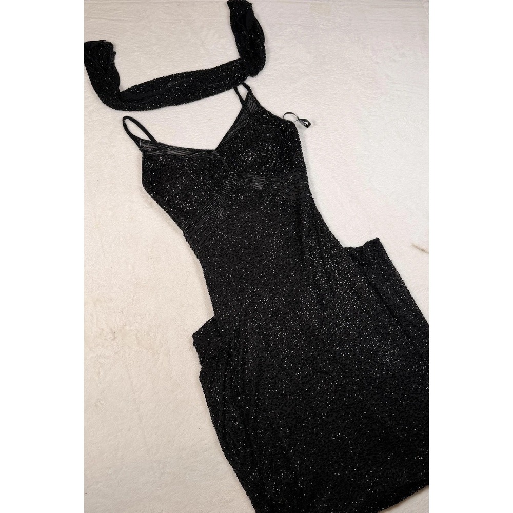 Scala Dress Womens XS Black Beaded Silk V Neck Spaghetti Strap Maxi Formal Gown
